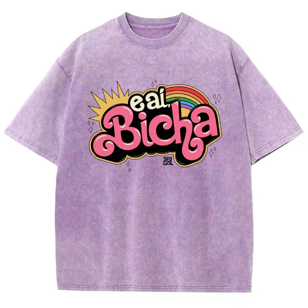 Retro Bubble Graffiti Rainbow Portuguese Slogan Washed T-Shirt