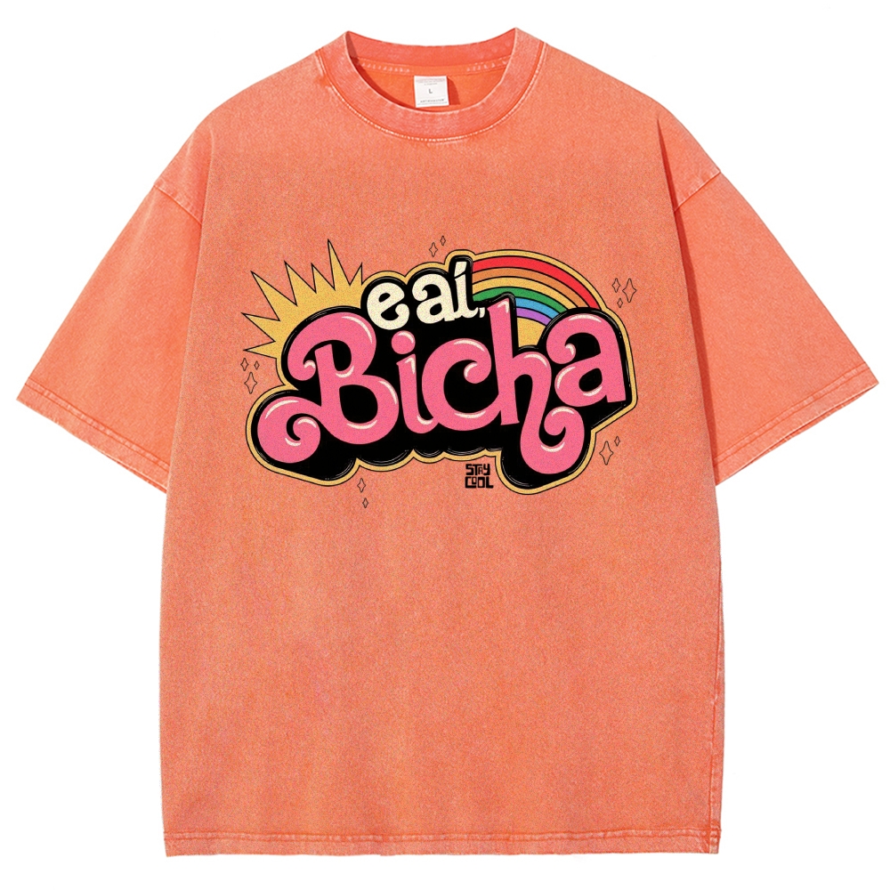 Retro Bubble Graffiti Rainbow Portuguese Slogan Washed T-Shirt