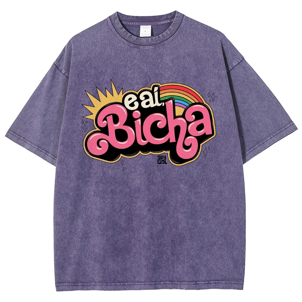 Retro Bubble Graffiti Rainbow Portuguese Slogan Washed T-Shirt