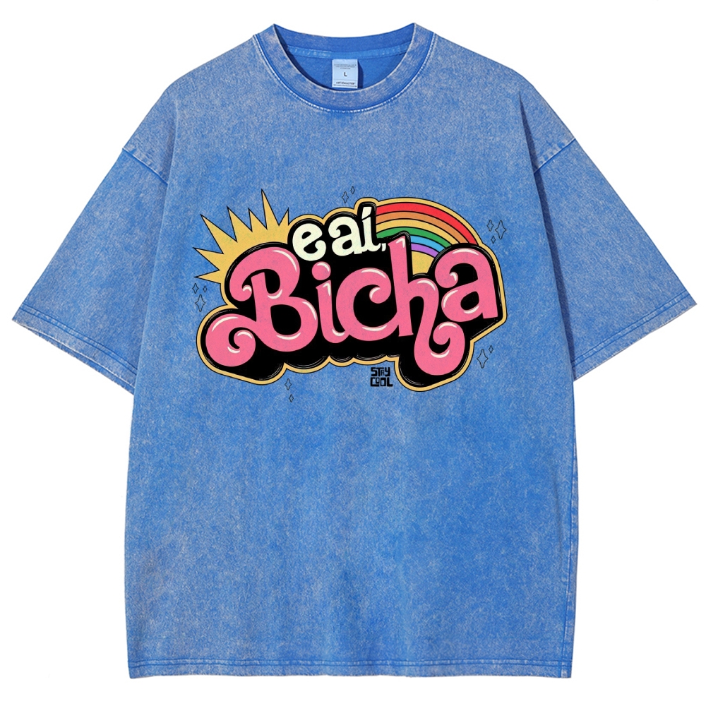 Retro Bubble Graffiti Rainbow Portuguese Slogan Washed T-Shirt