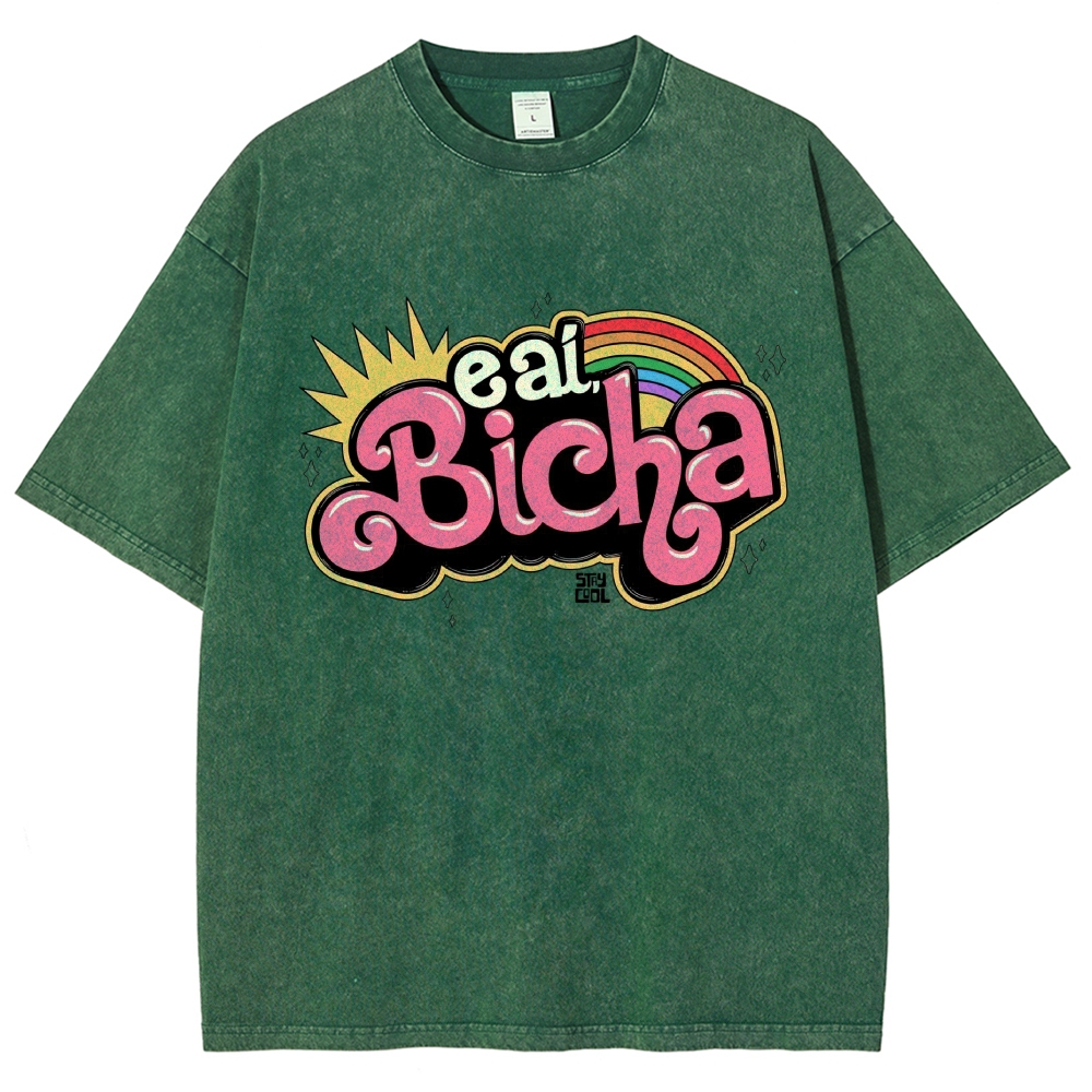 Retro Bubble Graffiti Rainbow Portuguese Slogan Washed T-Shirt