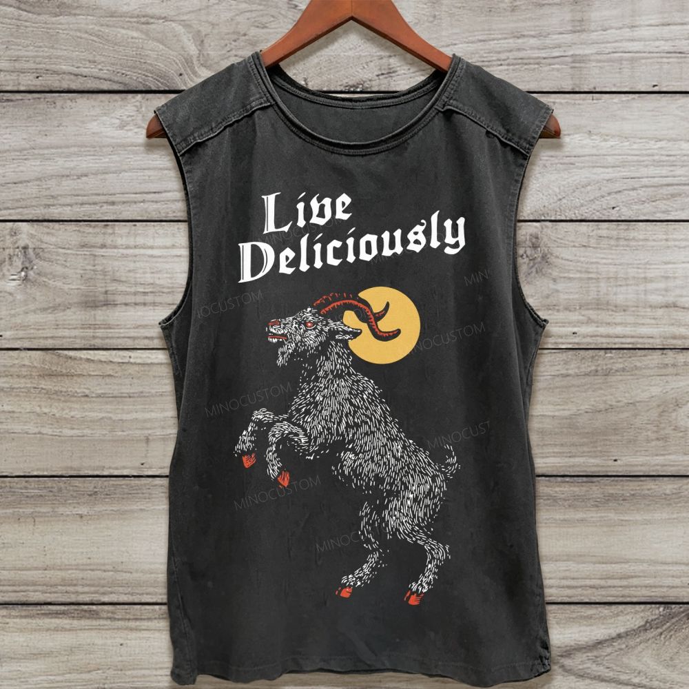 Vintage Horned Goat Moon Graphic Washed Tank Top 