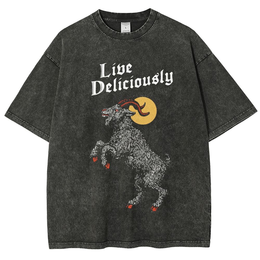 Vintage Horned Goat Moon Graphic Washed T-Shirt 