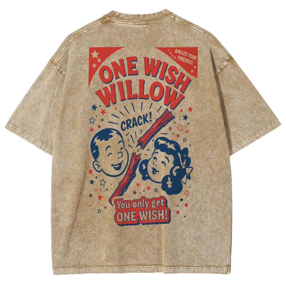 Vintage Retro Cartoon Kids Wish Stick Graphic Washed T-Shirt 