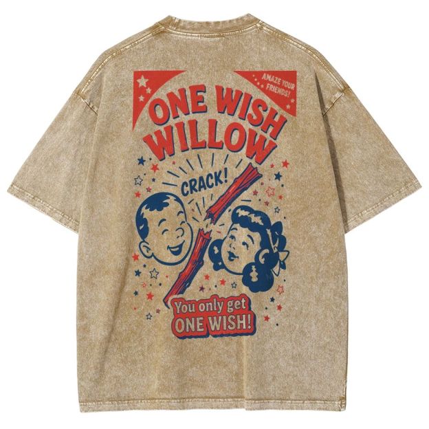 Vintage Retro Cartoon Kids Wish Stick Graphic Washed T-Shirt 