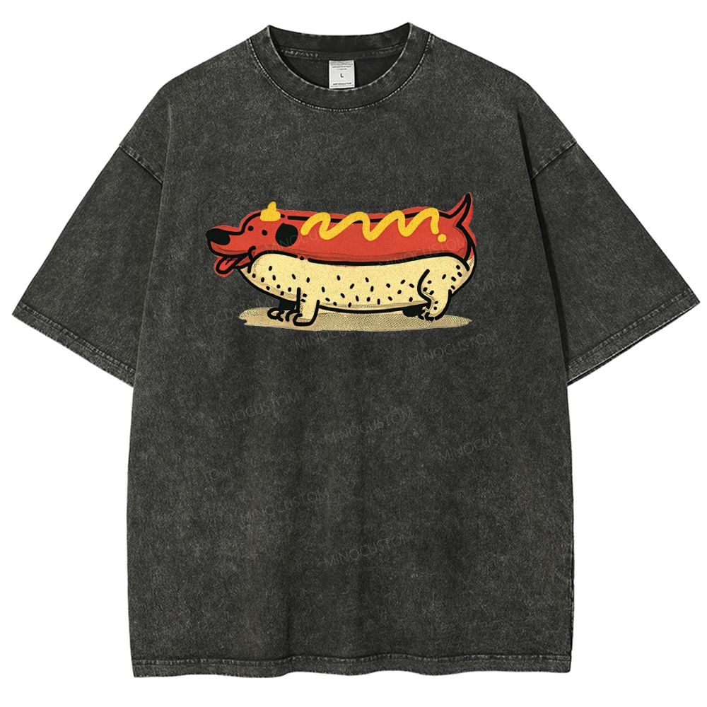 Cartoon Fun Hot Dog Washed T-Shirt