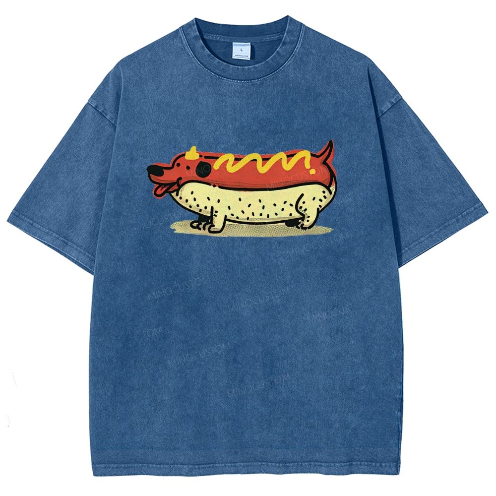 Cartoon Fun Hot Dog Washed T-Shirt