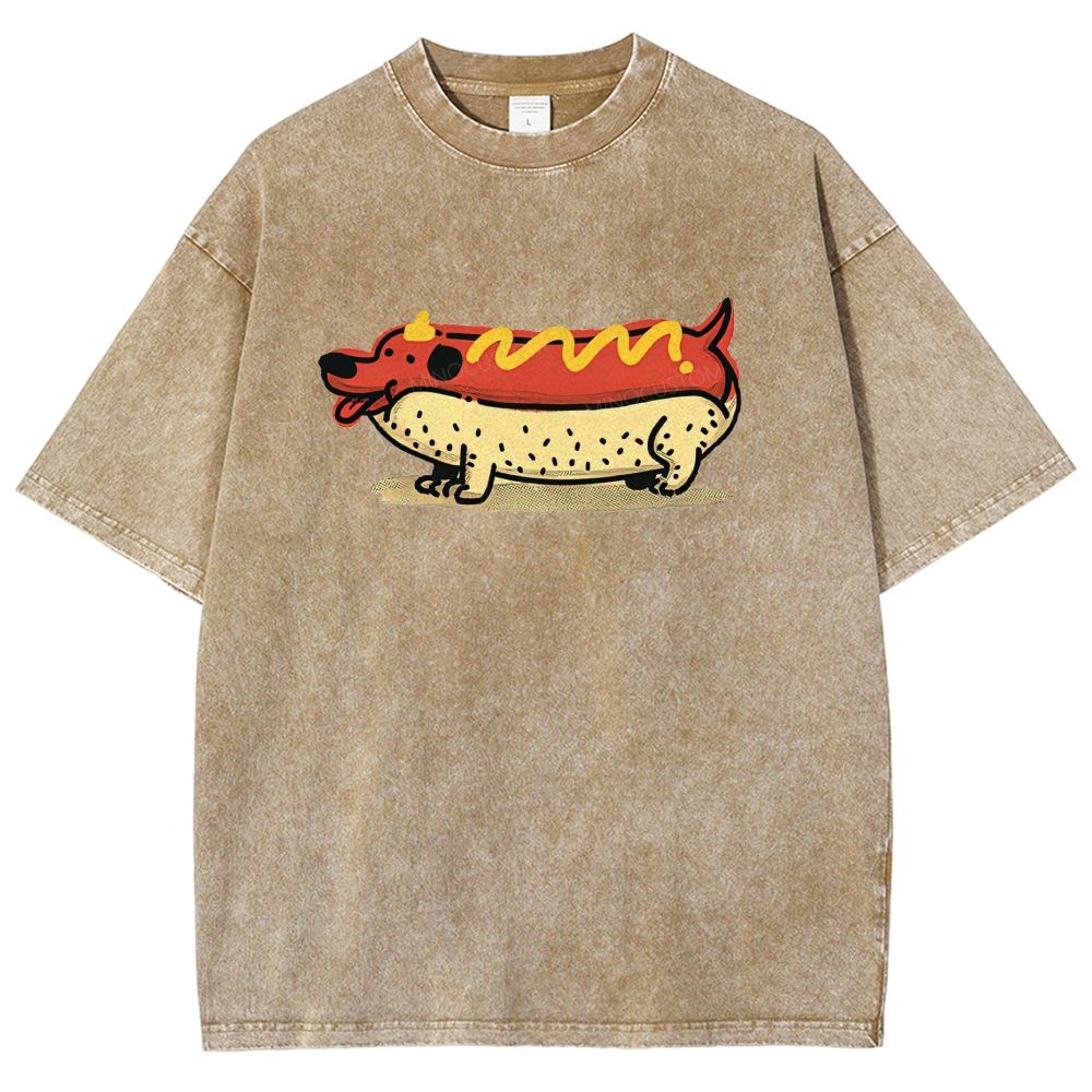 Cartoon Fun Hot Dog Washed T-Shirt