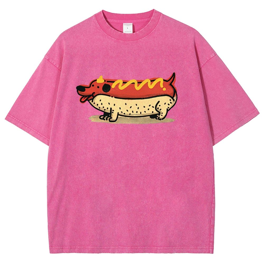 Cartoon Fun Hot Dog Washed T-Shirt