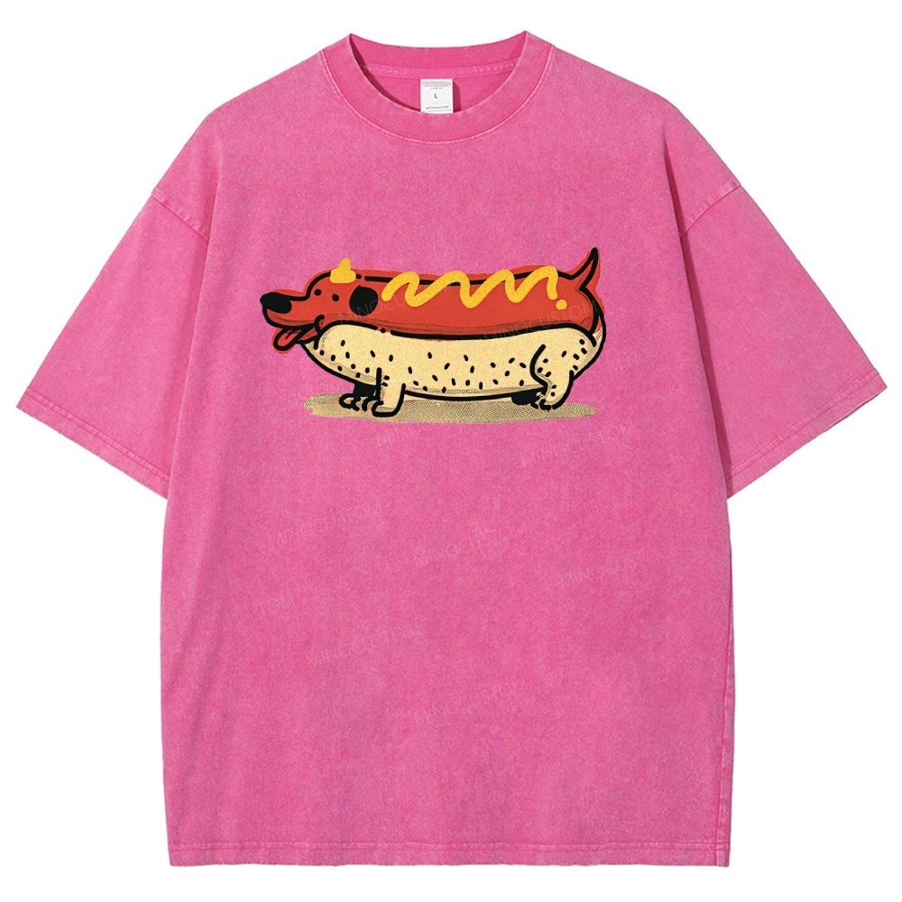 Cartoon Fun Hot Dog Washed T-Shirt