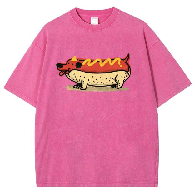 Cartoon Fun Hot Dog Washed T-Shirt