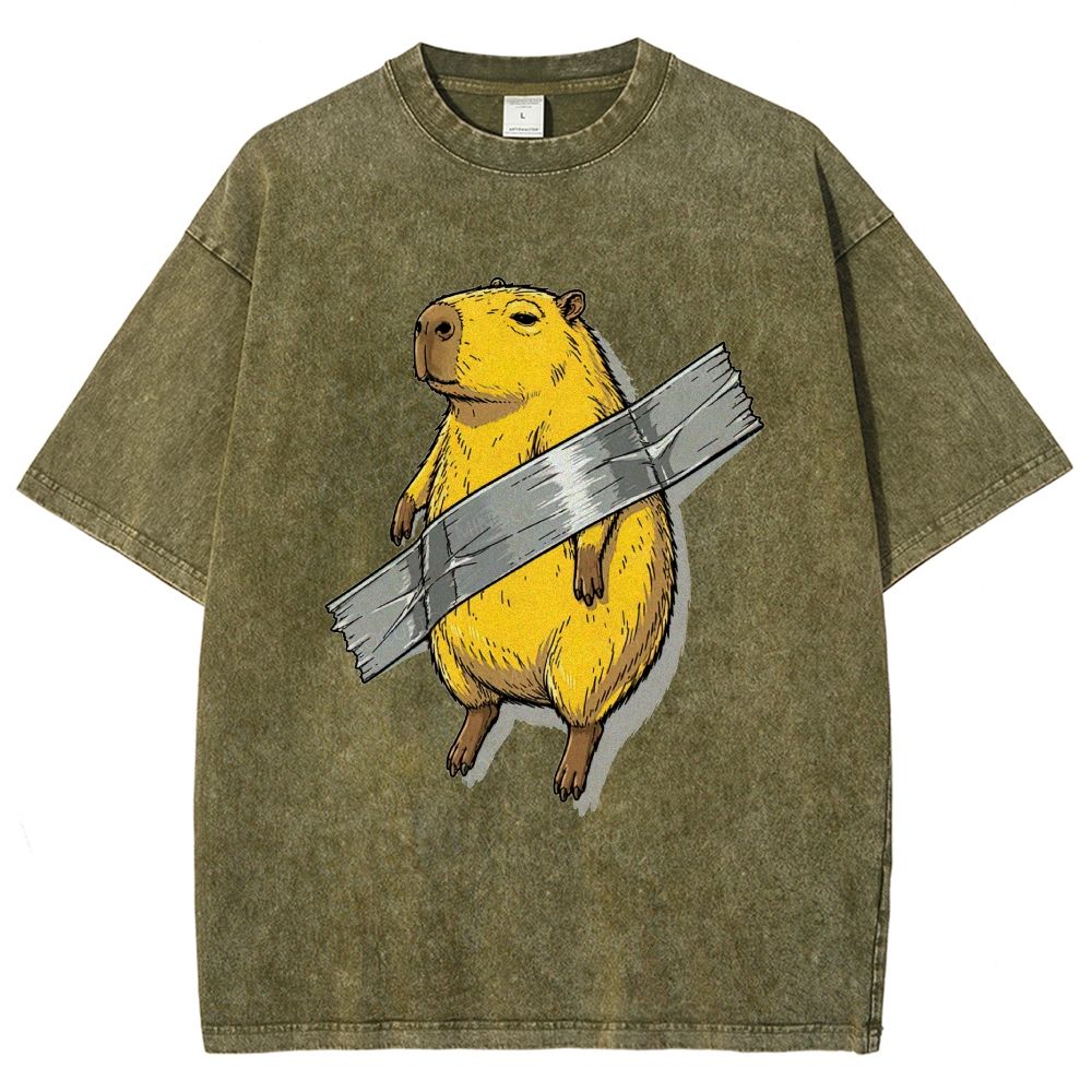 Funny Duct Tape Capybara Cartoon Washed T-Shirt