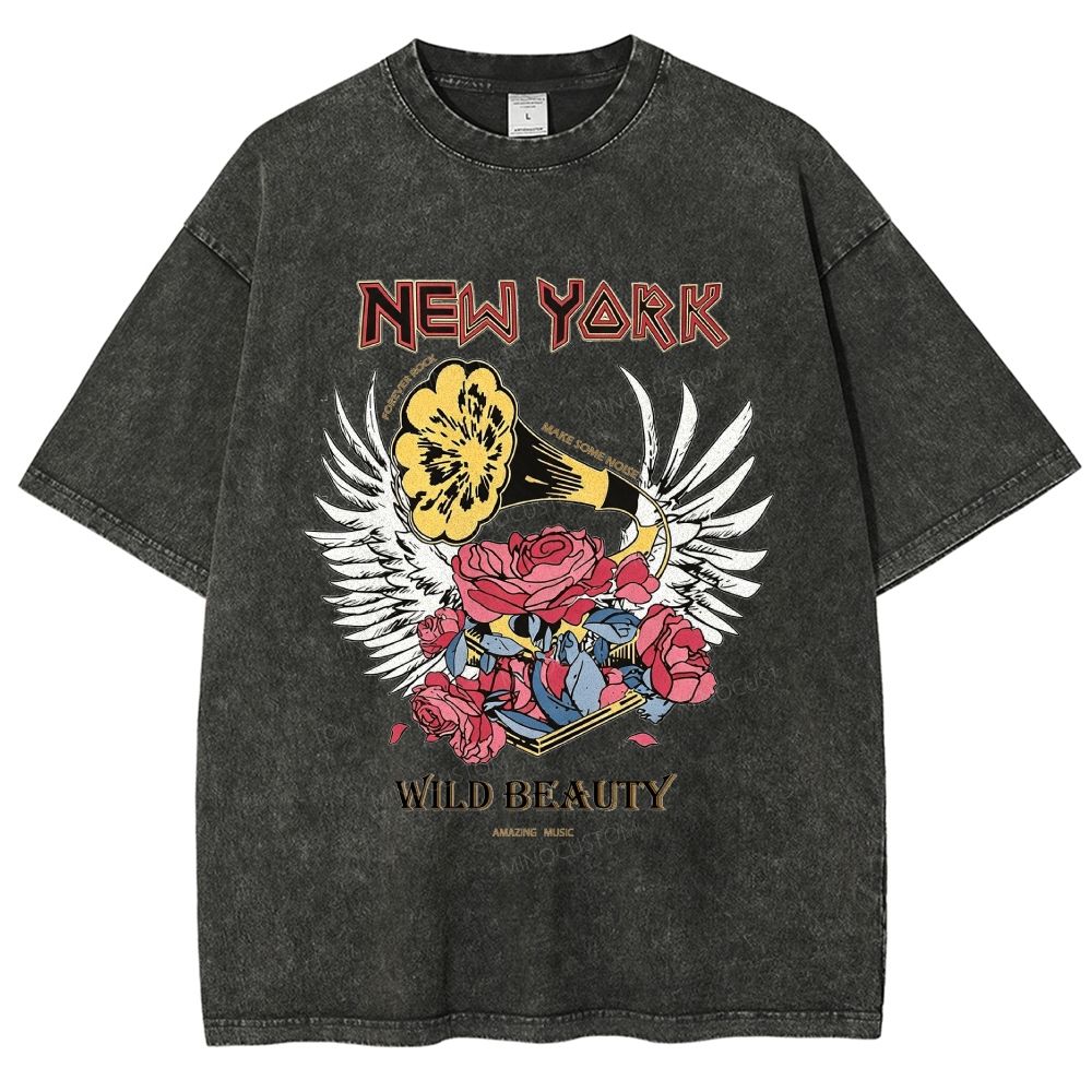 New York Vintage Gramophone Rose Wing Washed T-Shirt