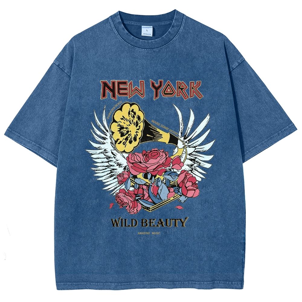 New York Vintage Gramophone Rose Wing Washed T-Shirt