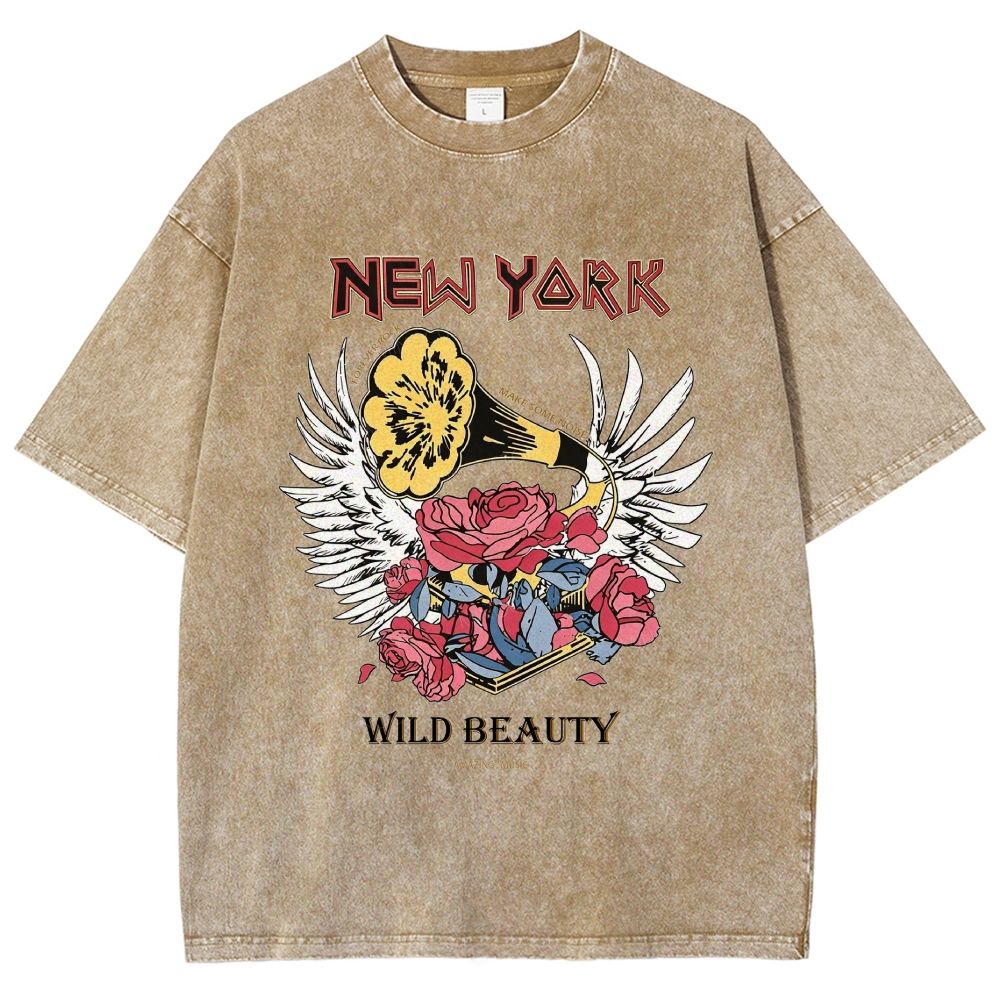 New York Vintage Gramophone Rose Wing Washed T-Shirt