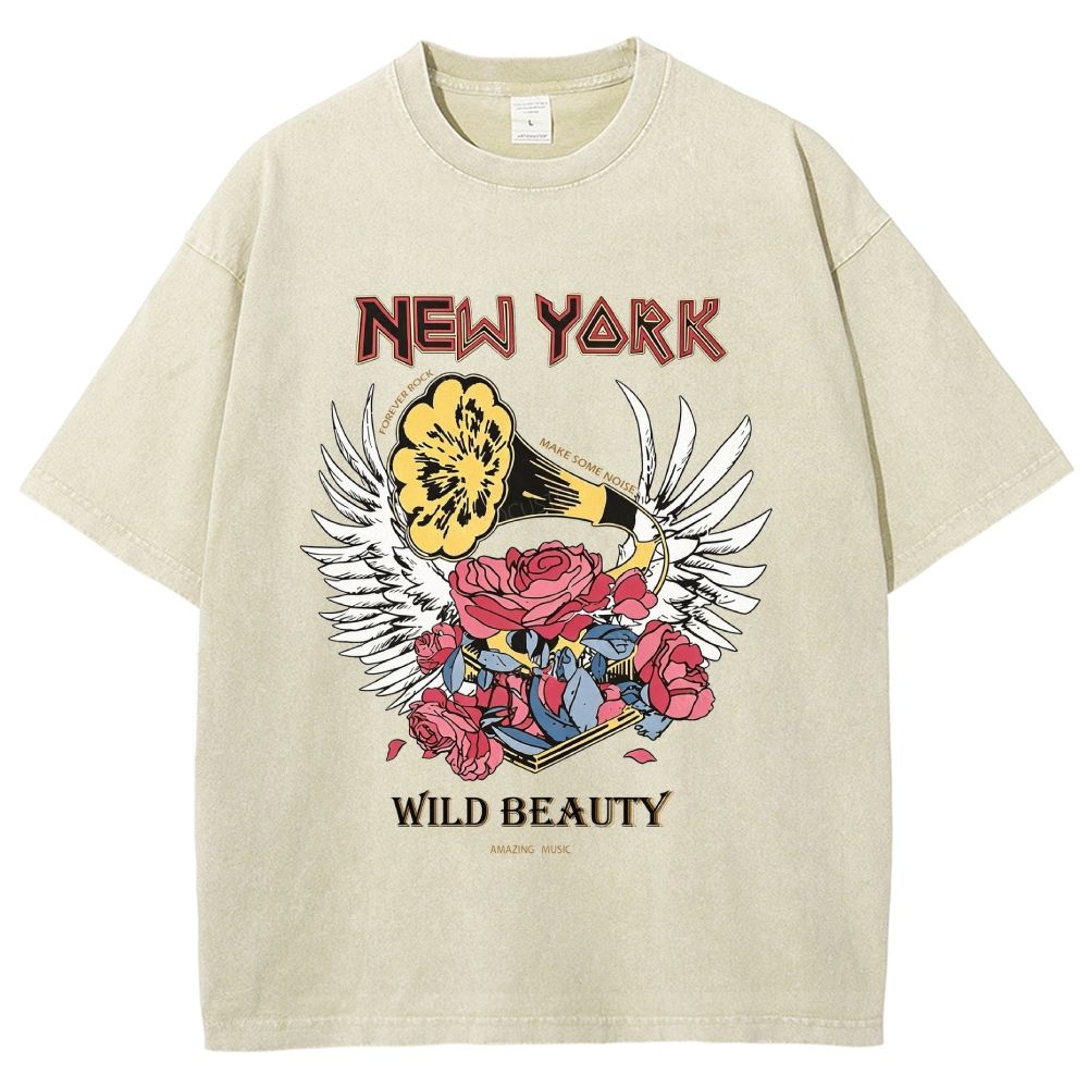 New York Vintage Gramophone Rose Wing Washed T-Shirt