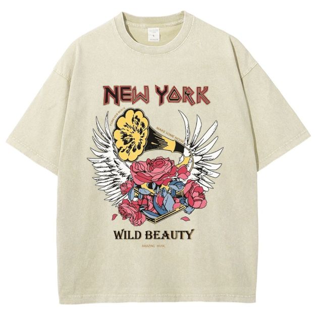 New York Vintage Gramophone Rose Wing Washed T-Shirt