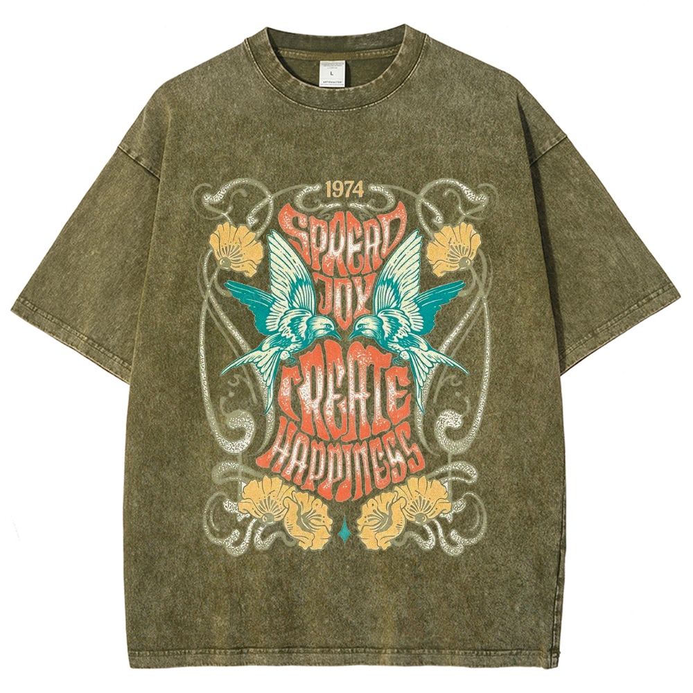 Retro 70s Hippie Bird Flower Art Washed T-Shirt