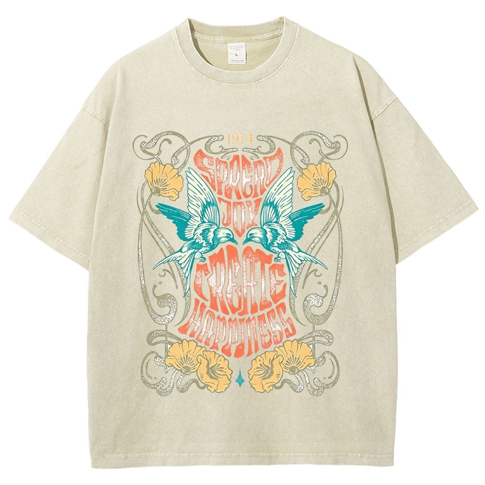 Retro 70s Hippie Bird Flower Art Washed T-Shirt