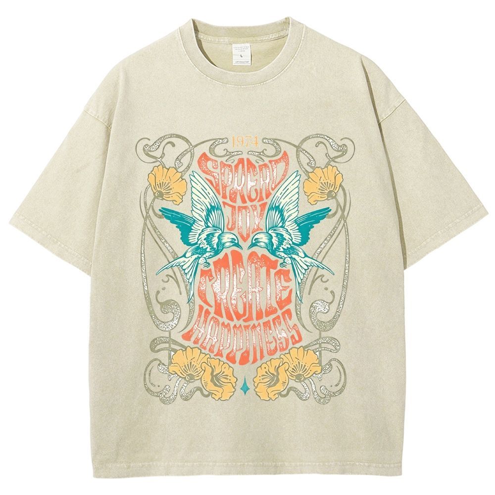 Retro 70s Hippie Bird Flower Art Washed T-Shirt