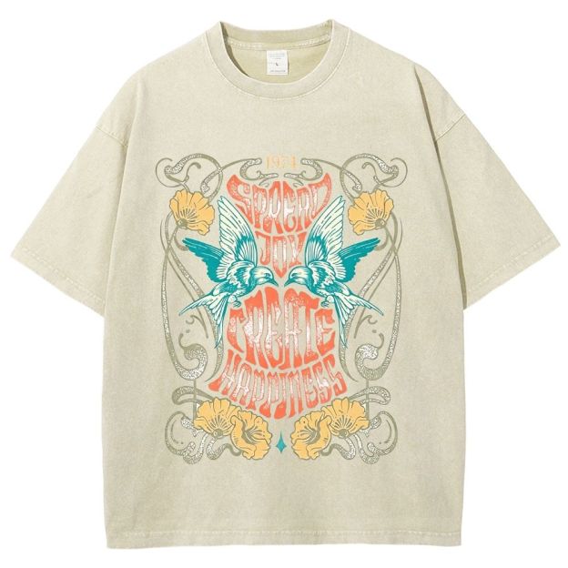 Retro 70s Hippie Bird Flower Art Washed T-Shirt