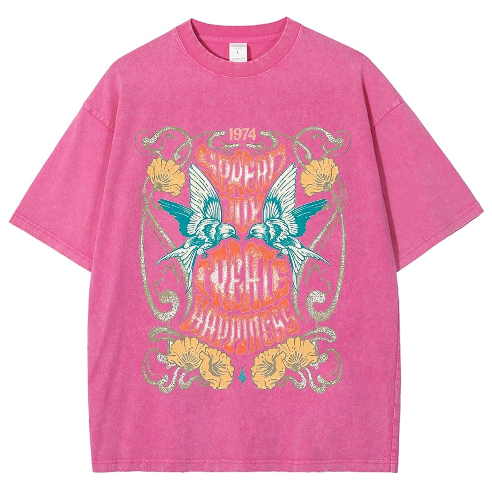 Retro 70s Hippie Bird Flower Art Washed T-Shirt