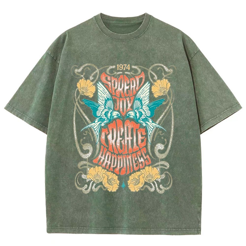 Retro 70s Hippie Bird Flower Art Washed T-Shirt