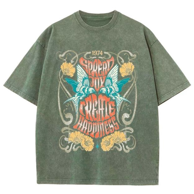 Retro 70s Hippie Bird Flower Art Washed T-Shirt
