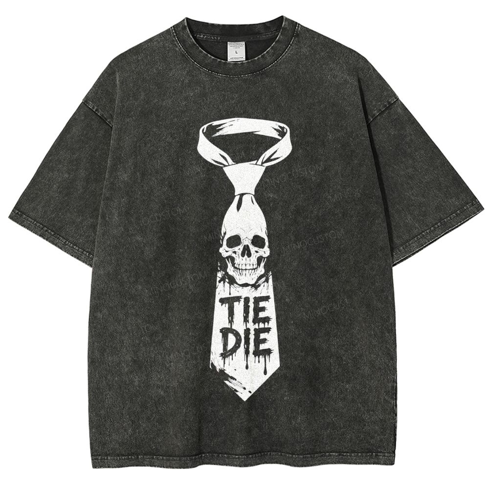 Retro Dark Punk Skeleton Necktie Washed T-Shirt