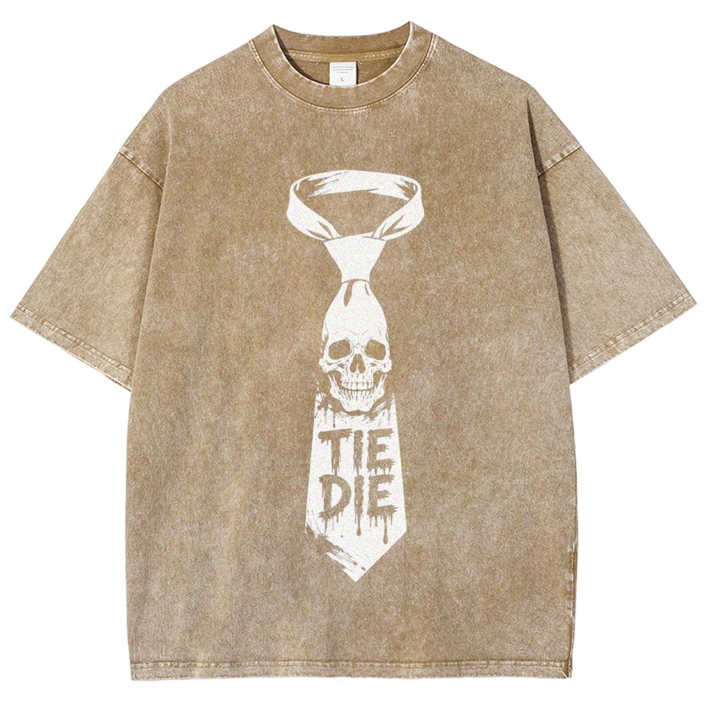Retro Dark Punk Skeleton Necktie Washed T-Shirt