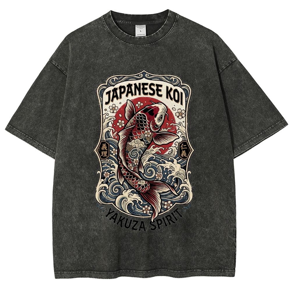 Vintage Japanese Koi Wave Tattoo Washed T-Shirt