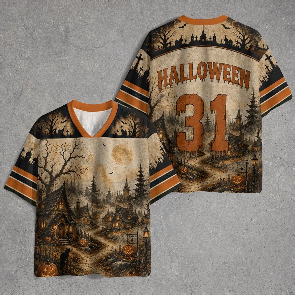Spooky Halloween Village Pumpkin Jersey Shirts