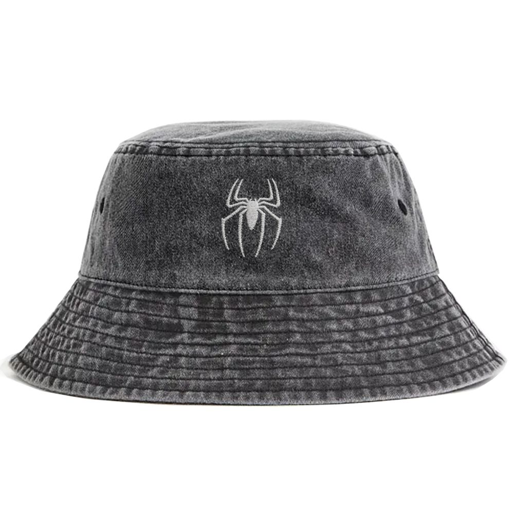  Embroidery Spider Logo Vintage Casual Washed Bucket Hat 