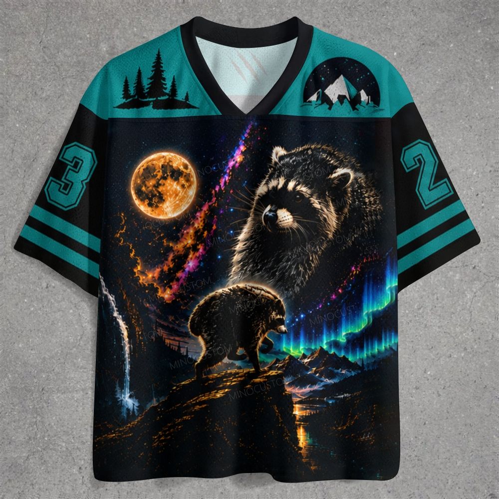 Cosmic Raccoon Aurora Mountain Full Moon Night Jersey Shirts