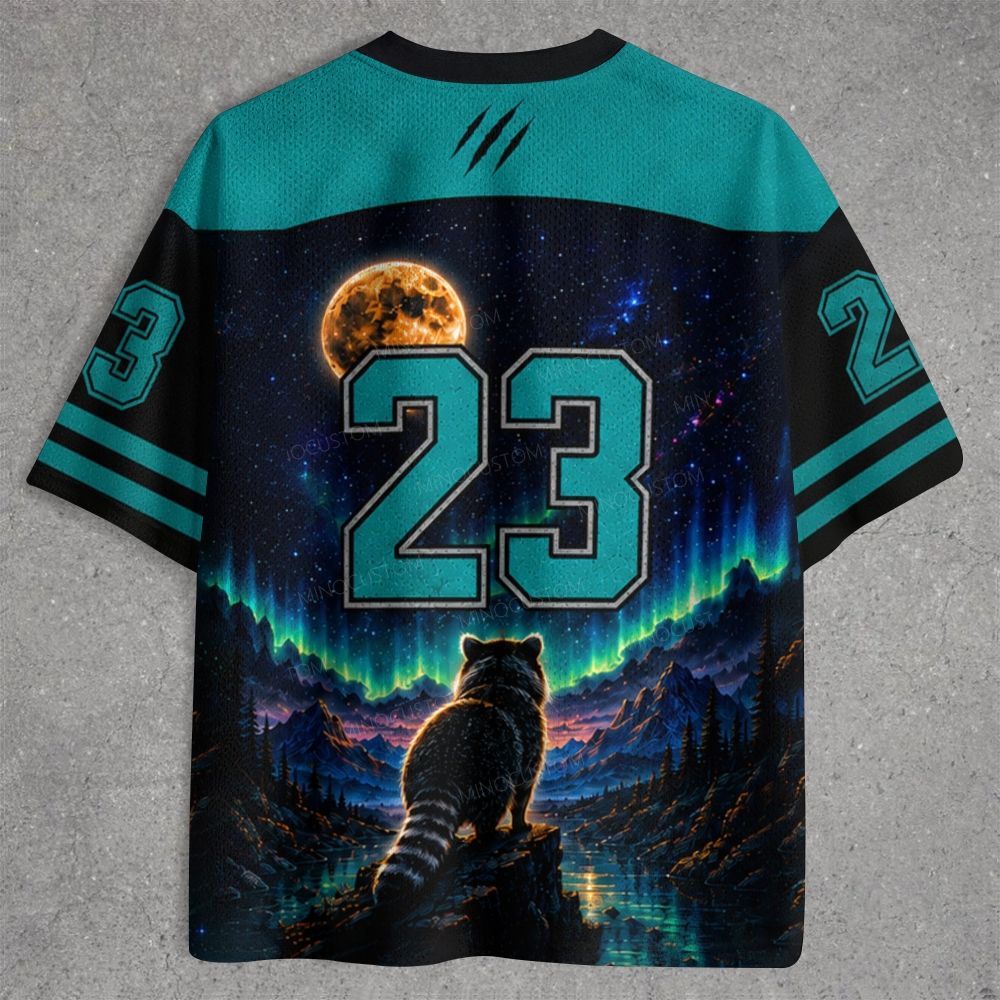 Cosmic Raccoon Aurora Mountain Full Moon Night Jersey Shirts