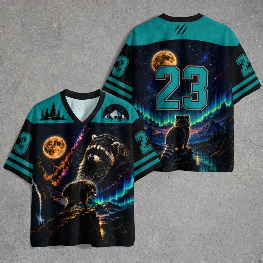 Cosmic Raccoon Aurora Mountain Full Moon Night Jersey Shirts