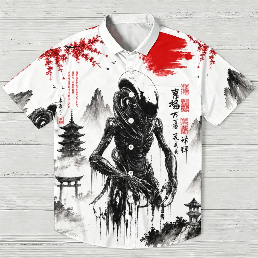 Japanese Ink Style Alien Creature Hawaiian Shirt 