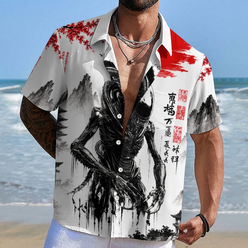 Japanese Ink Style Alien Creature Hawaiian Shirt 