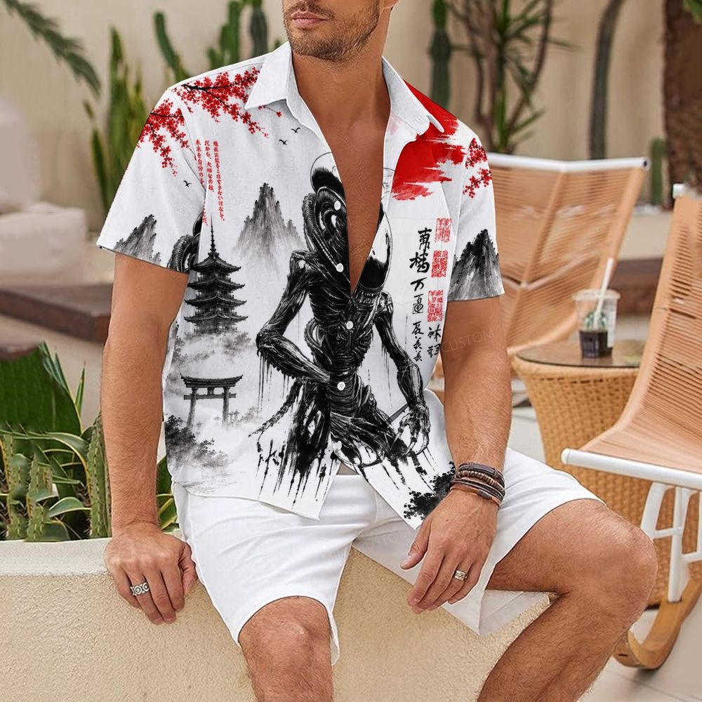 Japanese Ink Style Alien Creature Hawaiian Shirt 