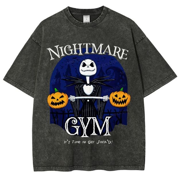 Spooky Skeleton Weightlifting Pumpkin Retro Washed T-Shirt