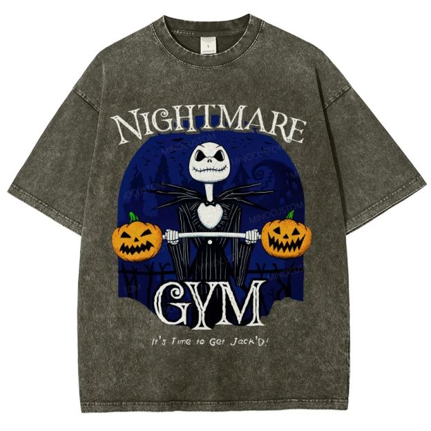 Spooky Skeleton Weightlifting Pumpkin Retro Washed T-Shirt