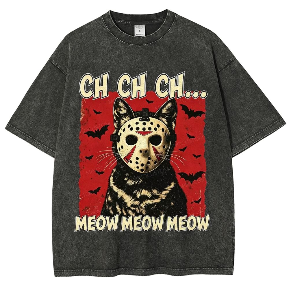 Halloween Black Cat Horror Mask Retro Washed T-Shirt
