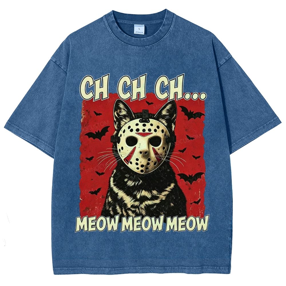Halloween Black Cat Horror Mask Retro Washed T-Shirt