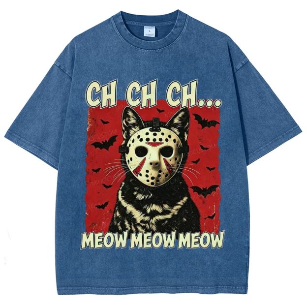 Halloween Black Cat Horror Mask Retro Washed T-Shirt