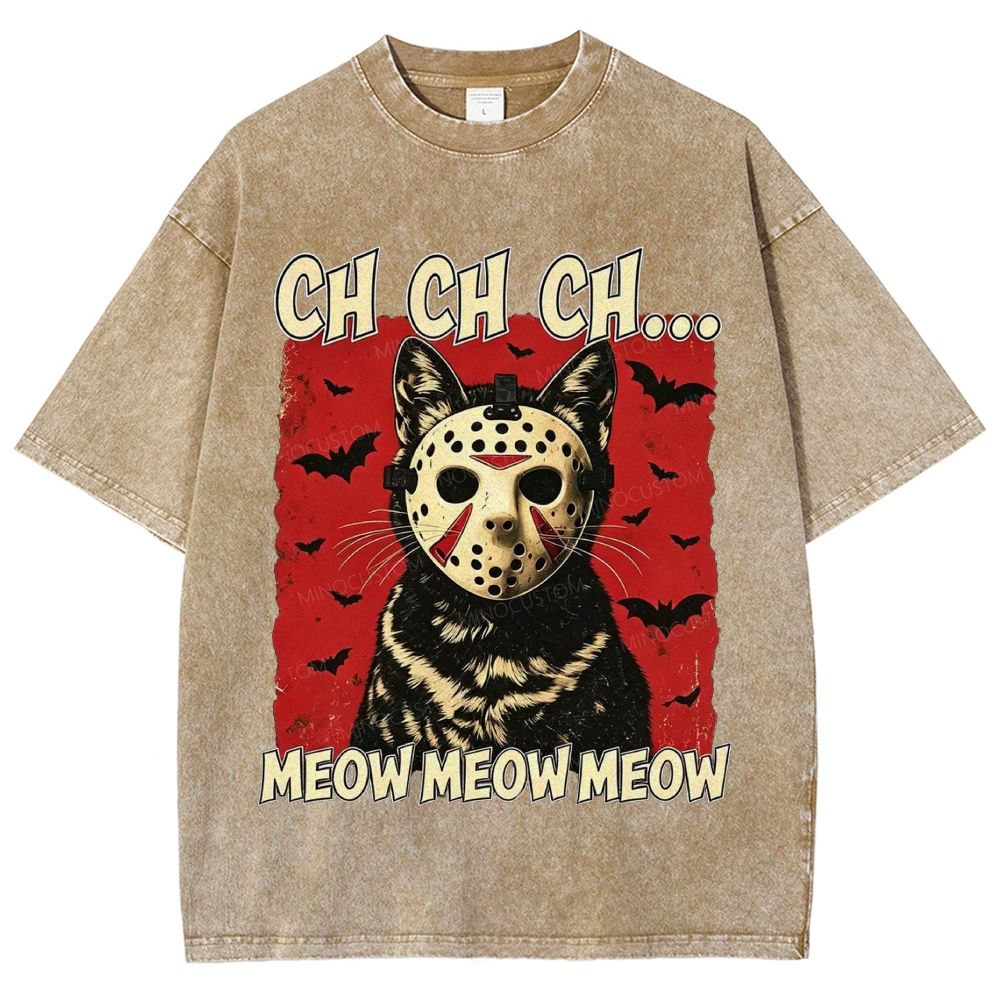 Halloween Black Cat Horror Mask Retro Washed T-Shirt