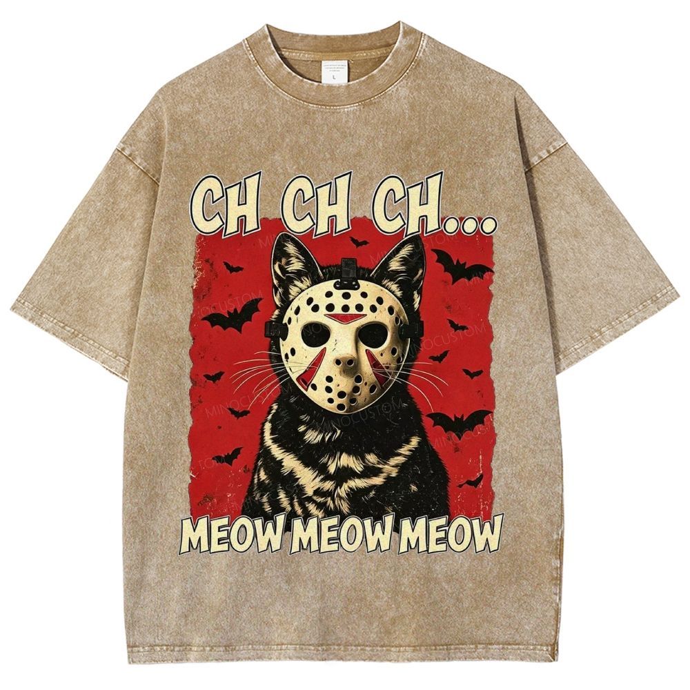 Halloween Black Cat Horror Mask Retro Washed T-Shirt