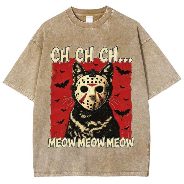 Halloween Black Cat Horror Mask Retro Washed T-Shirt