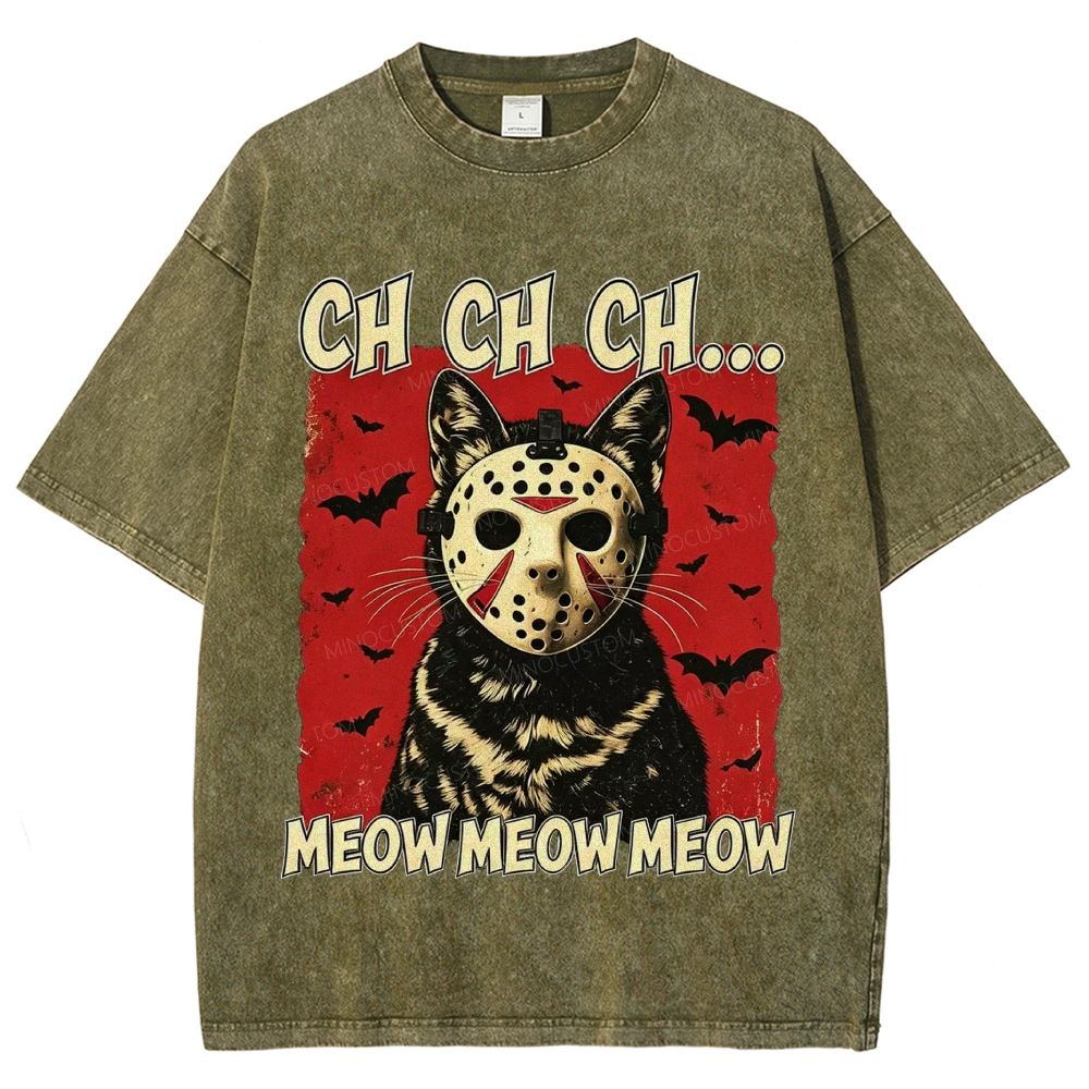 Halloween Black Cat Horror Mask Retro Washed T-Shirt