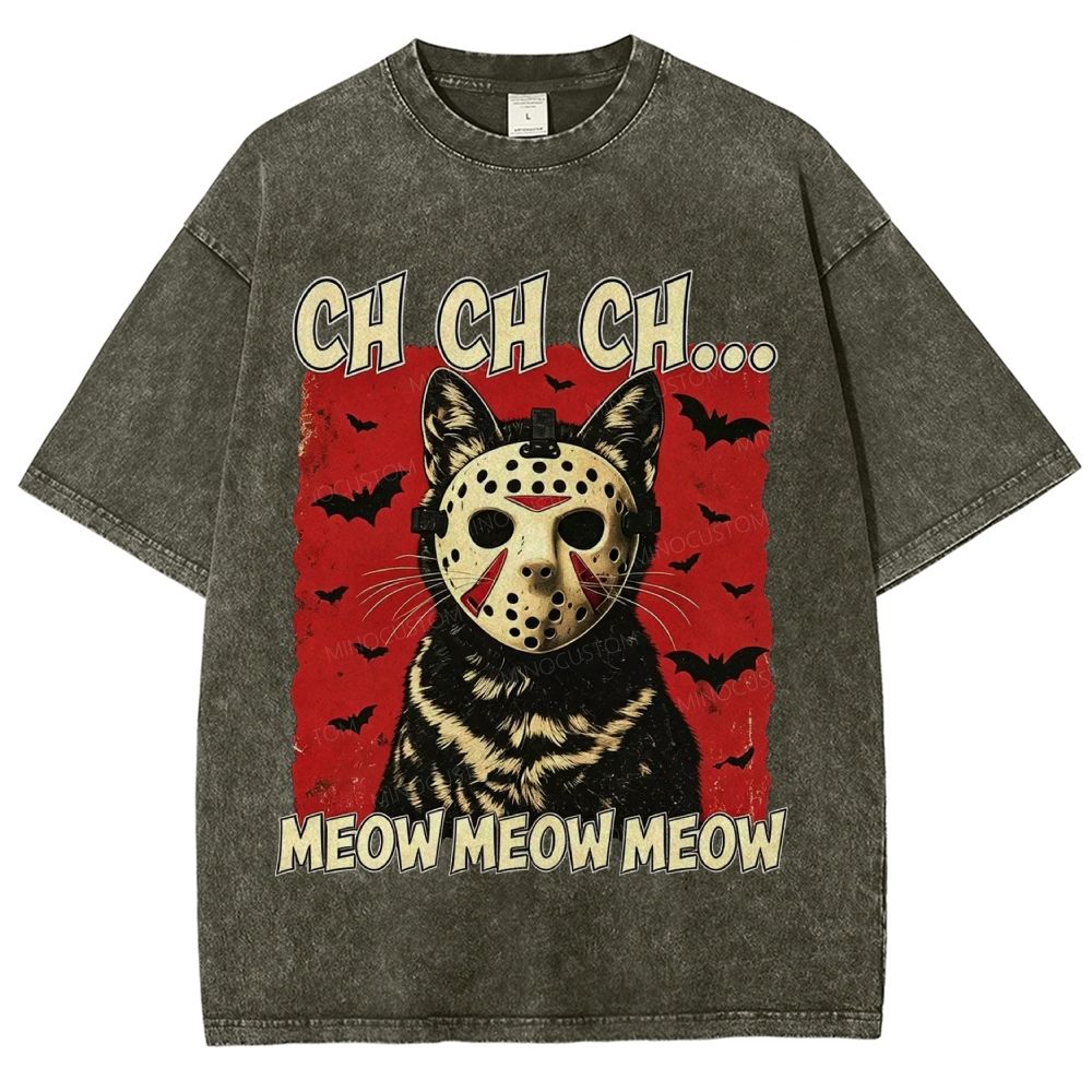 Halloween Black Cat Horror Mask Retro Washed T-Shirt