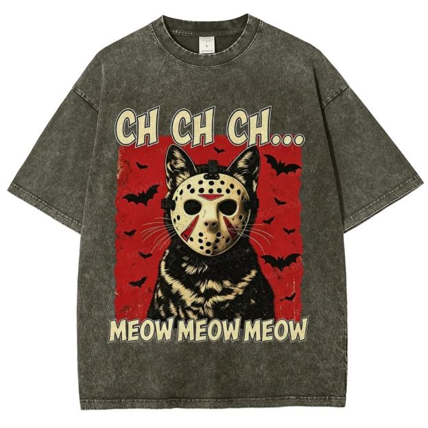 Halloween Black Cat Horror Mask Retro Washed T-Shirt